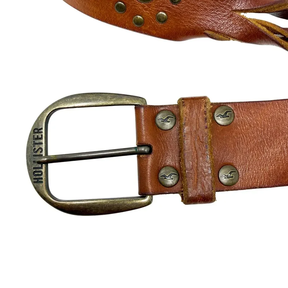 Vintage Y2K Hollister Cognac Brown Leather Belt Women's Size Large Rivet Detail